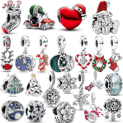 925 Silver Christmas Tree Socks Hat Santa Claus Elk Deer Snowflake Winter Beads Fit Pandora Charm Bracelet Christmas DIY Jewelry