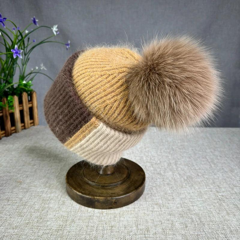 2024 New Rabbit Fur Beanies Soft Warm Fluffy fur pompom Winter Hat for Women Angora Knitted Hat Skullies Female Bonnet Knit Cap