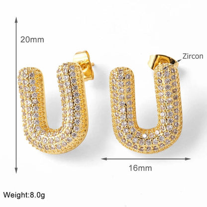 FLOLA Clear Crystal Bubble Letter Earrings for Women Copper Gold Plated Initial Ear Studs Name Jewelry Gifts ersa009