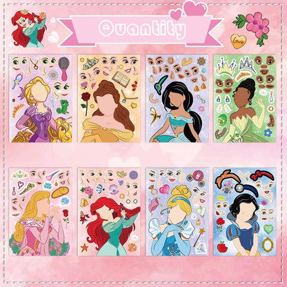 8/16Sheets Disney Princess Children Puzzle Stickers Games Make a Face Funny DIY Assemble Jigsaw Craft Sticker Kids Education Toy