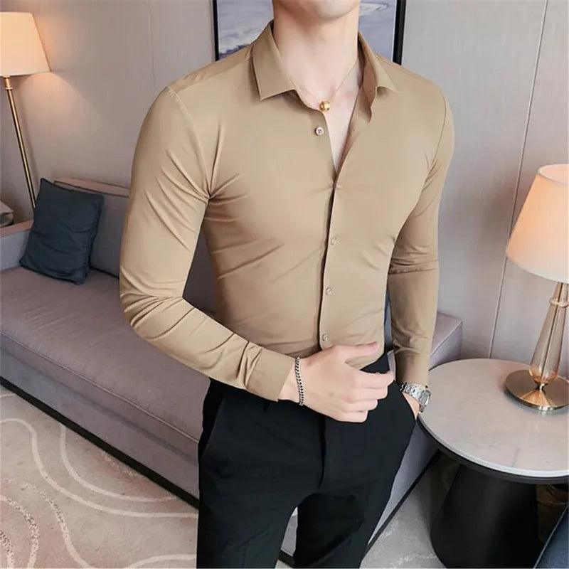 Plus Size 4XL-M High Elasticity Seamless Shirts Men Long Sleeve Top Quality Slim Casual Luxury Shirt Social Formal Dress Shirts