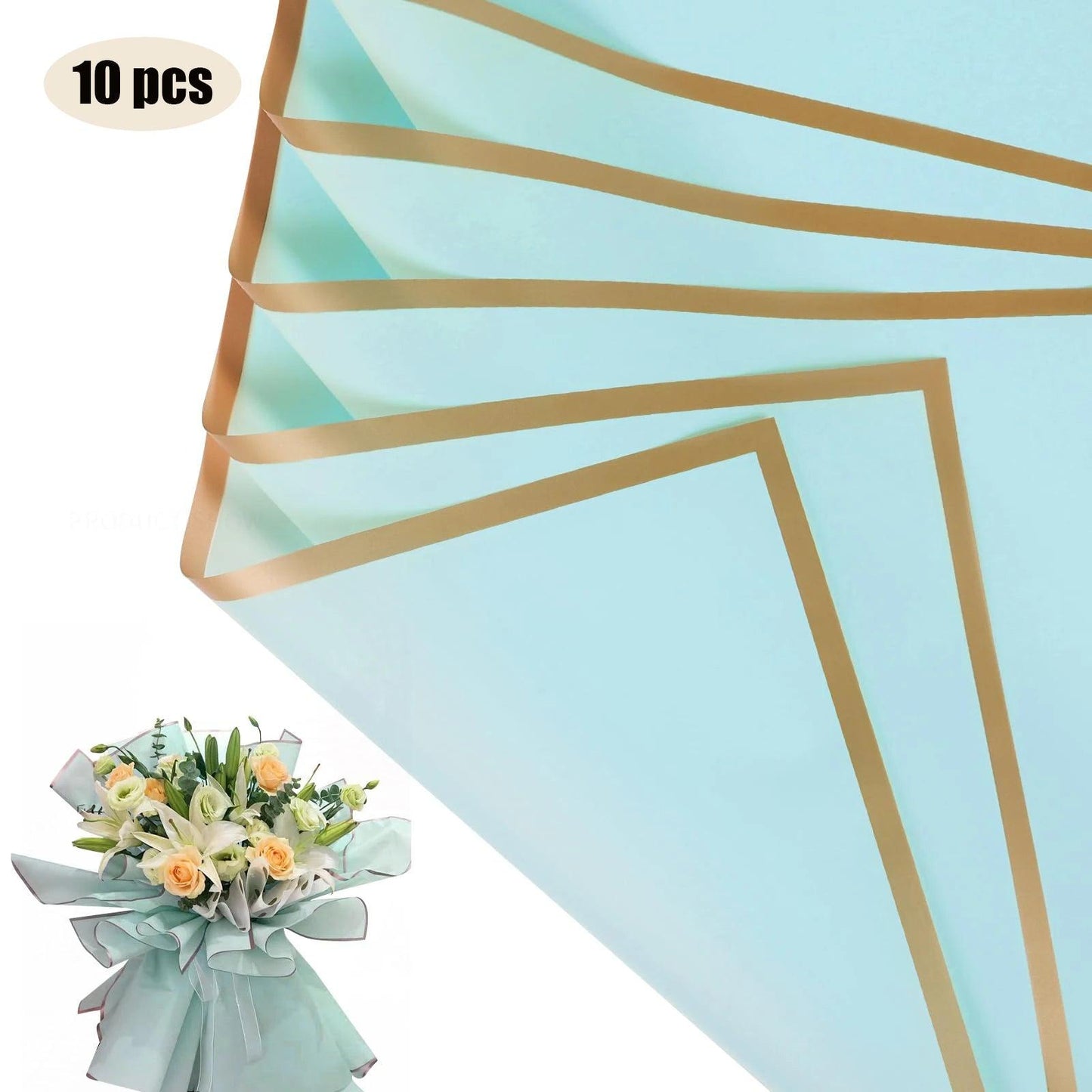 10 Sheets Flower Wrapping Paper with Golden Edges, Waterproof Bouquet Packaging - Ideal for DIY Weddings & Birthdays