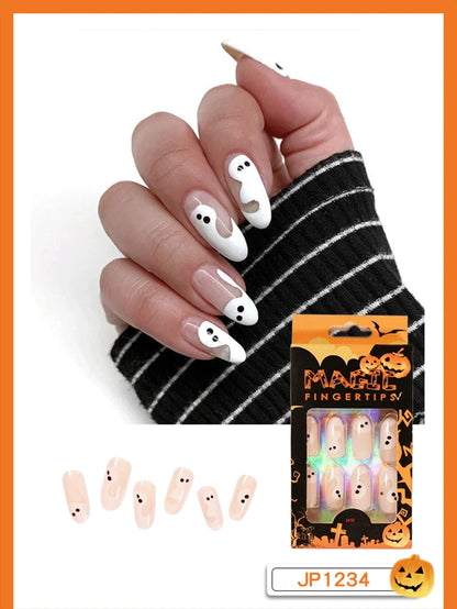 24pc/set Fashion Almond Press On Nails Art Halloween Black Ghost Design Fake Nail Pumpkin Castle Pattern Glossy False Nails Tips