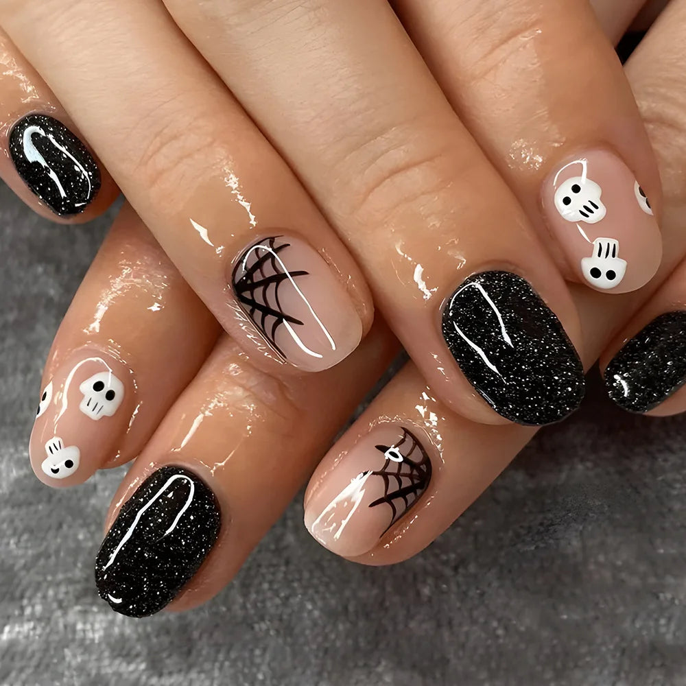 24Pcs Halloween Short Fake Nails with Pumpkin Spider Design Cartoon Nail Art Cute French Full Cover Press on Nail Tips for Girls