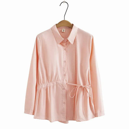 2023 Autumn Clothes Women Shirt Plus Size Loose Stylish Design With Waist Casual Cotton Lyocell Long Sleeved Blouse Curve