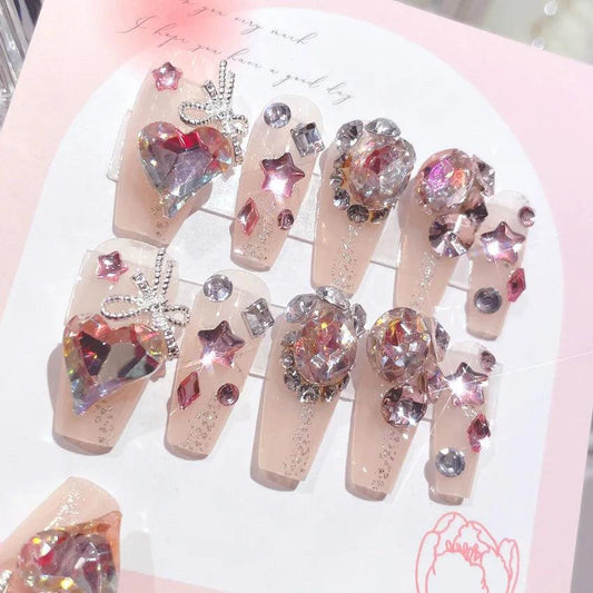 24Pcs Pink Full Diamond Press on Nail Tips Handmade 3D Design Rhinestones Full Cover False Long Coffin Nail Woman DIY Fake Nails