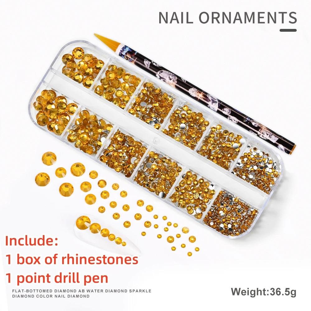 12Gird 3D Glass AB Crystal Nail Art Rhinestones Kit Flatback Round Bead Charm Gem Stones Jewelry Diamond with Tools for Nail Art