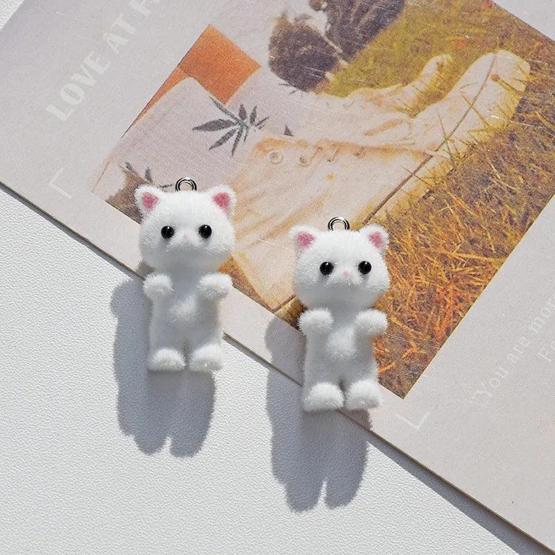 Kawaii 3D Fluffy Flocking Cat Animal Charms Miniature Dolls Keychain Necklace Pendant DIY Crafts Jewelry Make