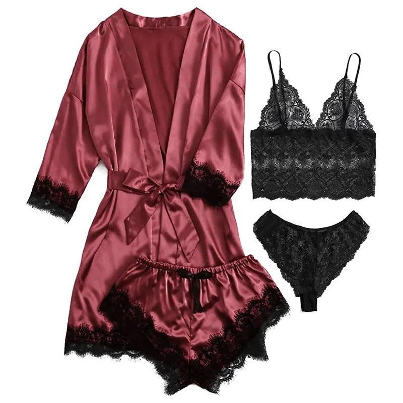 Women's Summer Fashion And Comfortable Nightwear Lace Satin With Silk Sleepwear Robe Sexy Pajama Pants Home Clothes