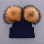 Double Real Raccoon Fur Pompom Hat Women Winter Caps Knitted Wool Hats Skullies Beanies Girls Female Two Fur Pom Pom Beanie Hat