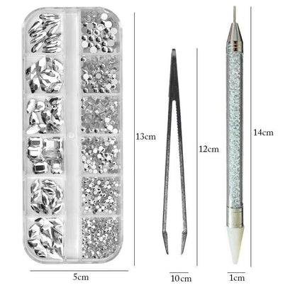 12 Grids Multi Sizes Nail Rhinestones Set Crystal AB Clear Gems with Crystal Pen Clips for DIY Nail Art Decorations