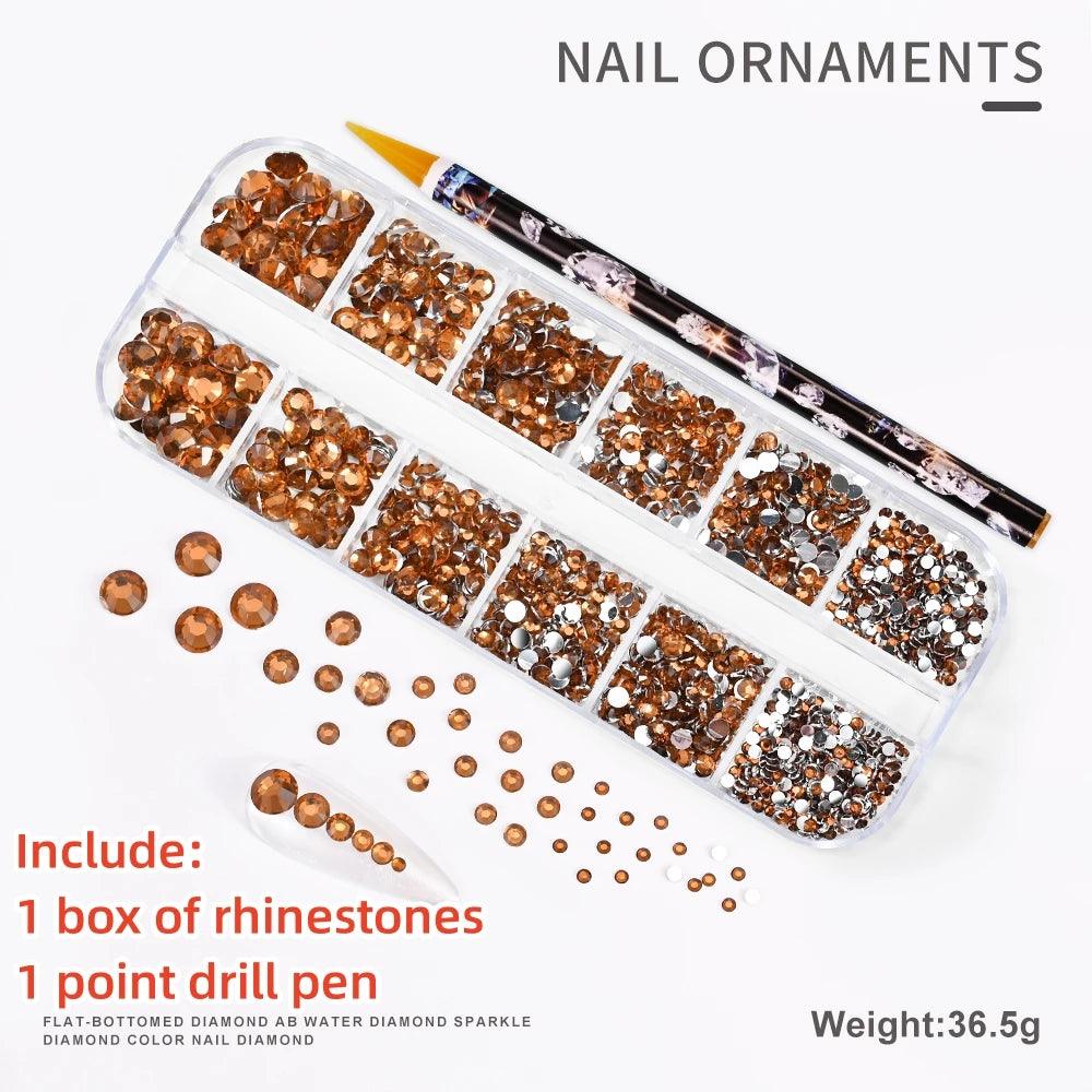 12Gird 3D Glass AB Crystal Nail Art Rhinestones Kit Flatback Round Bead Charm Gem Stones Jewelry Diamond with Tools for Nail Art