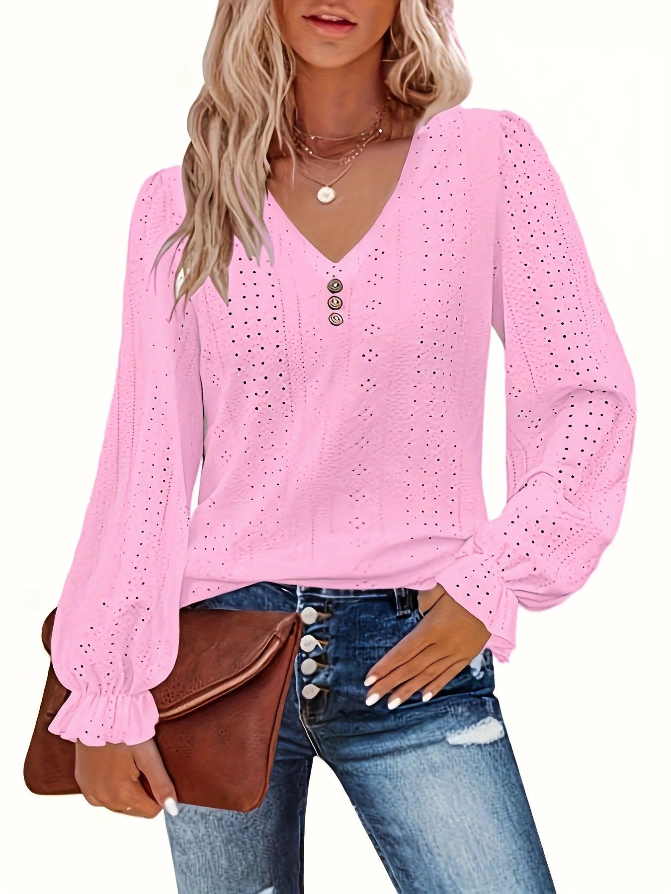 Plus Size Eyelet Button Decor T-Shirt Casual V Neck Long Sleeve Top For Spring & Fall Women's Plus Size Clothing