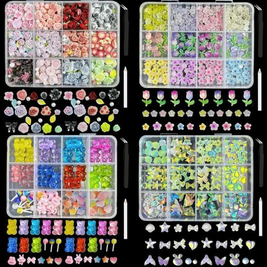 1Box Random Mixed Transparent Bow Bear Nail Art Decorations Colorful Flowers Frosted Heart Resin Nail Charms Accessories DIY - HighGloss Shop