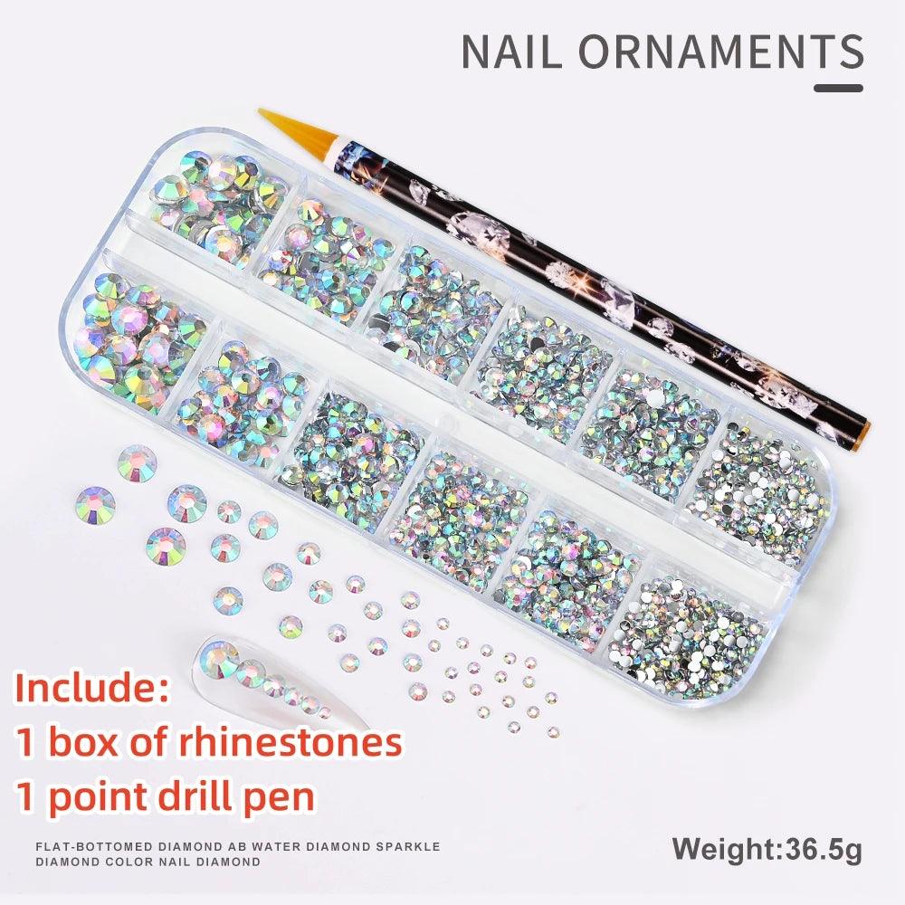 12Gird 3D Glass AB Crystal Nail Art Rhinestones Kit Flatback Round Bead Charm Gem Stones Jewelry Diamond with Tools for Nail Art