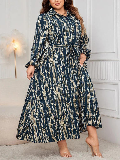 GIBSIE Plus Size Vintage Print Lantern Sleeve Belted Shirt Dress Women Autumn Polo Collar Button-up Casual Maxi A-Line Dresses