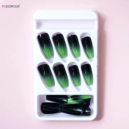 Black Green Long Coffin False Nails Gradient Color Press on Nails Full Cover Ballet Fake Nails Tips for Women Girls DIY Manicure