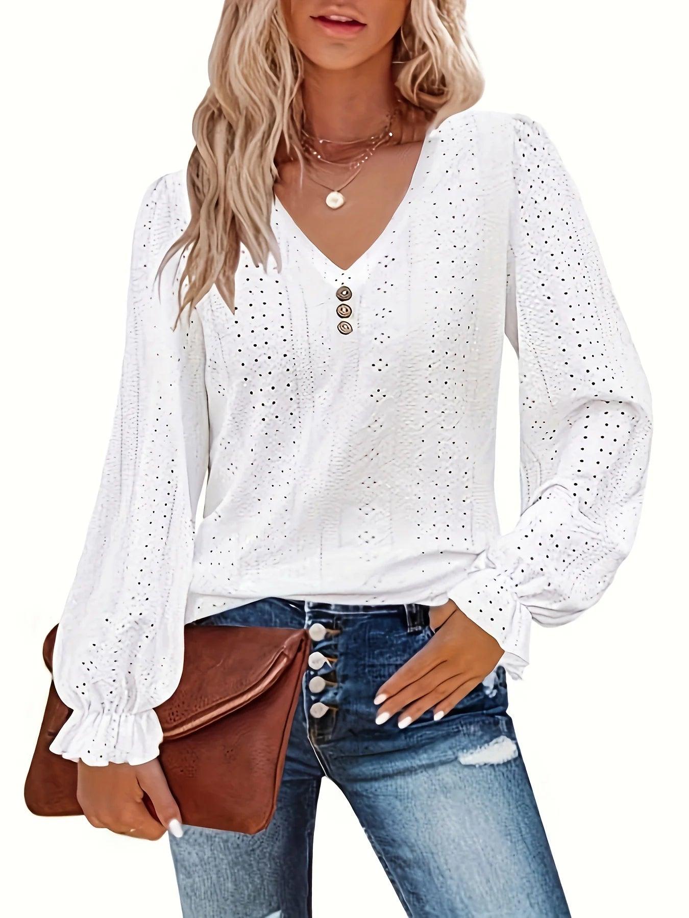 Plus Size Eyelet Button Decor T-Shirt Casual V Neck Long Sleeve Top For Spring & Fall Women's Plus Size Clothing