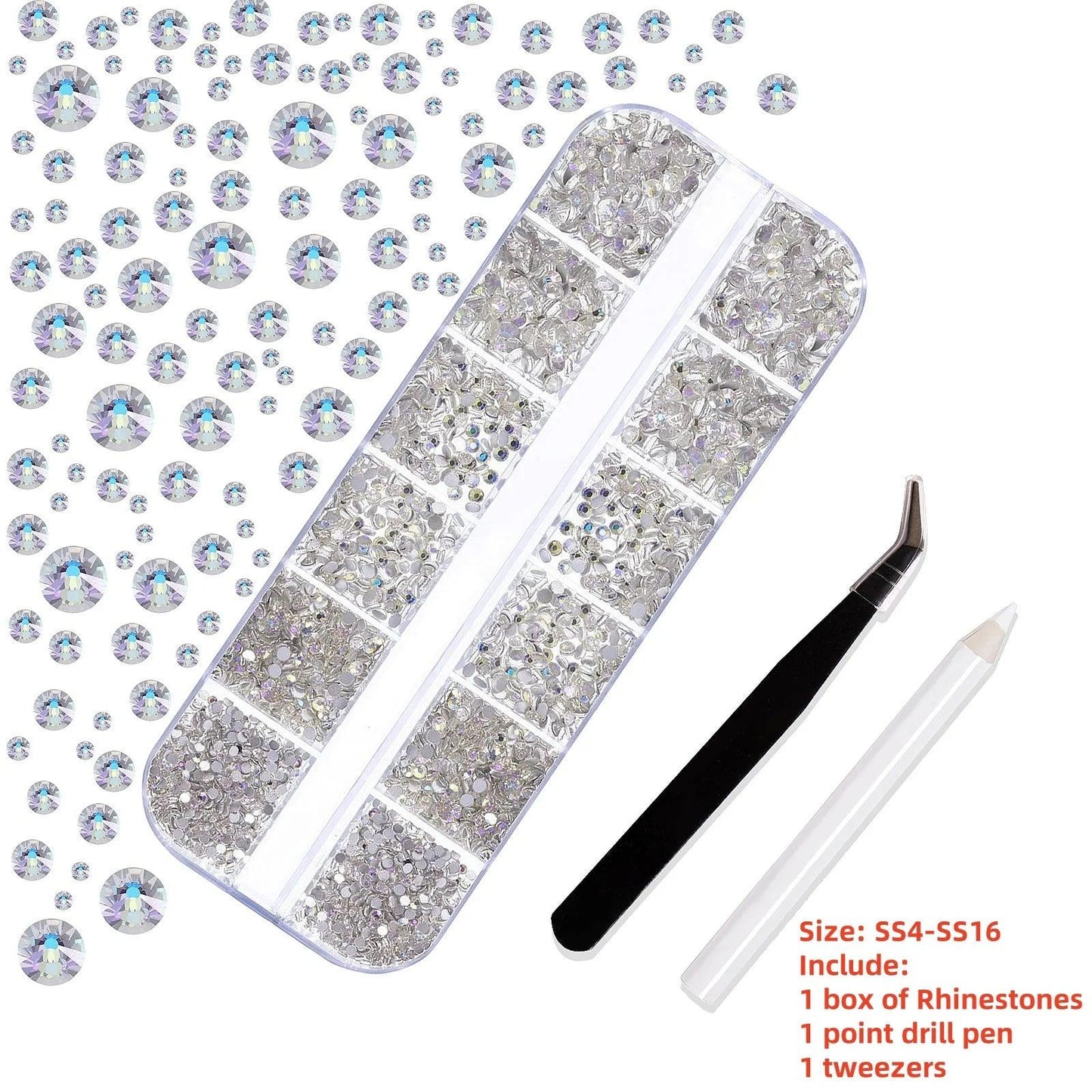 12Gird 3D Glass AB Crystal Nail Art Rhinestones Kit Flatback Round Bead Charm Gem Stones Jewelry Diamond with Tools for Nail Art