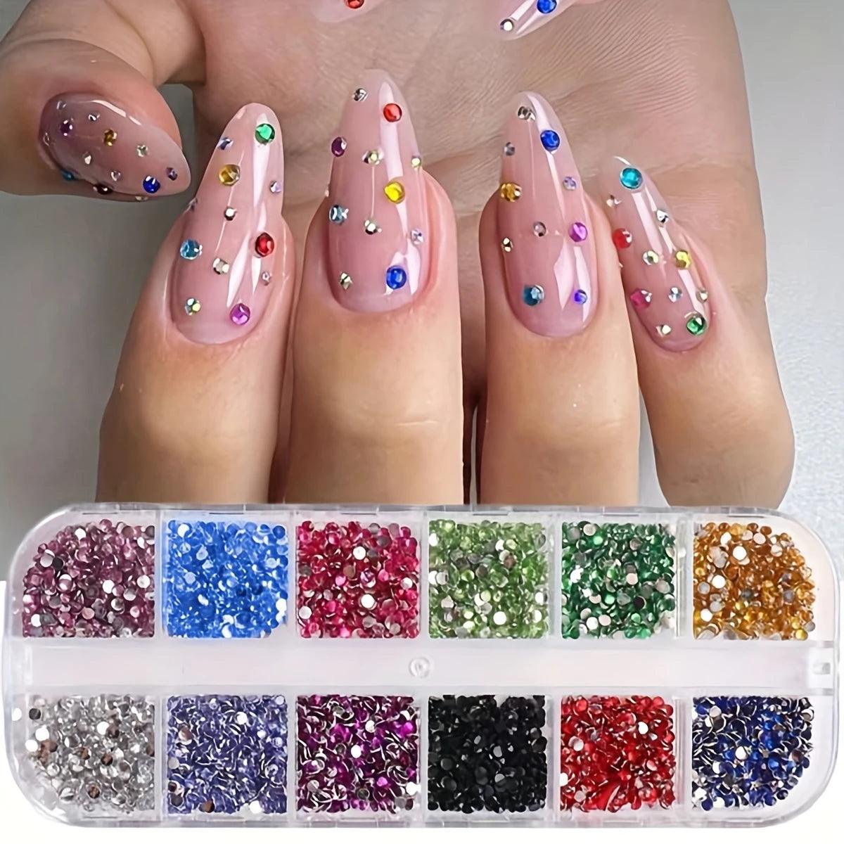 12 Grid Shimmering Crystal Nail Art Rhinestones - Flatback Gemstones for Versatile Decoration - Adorns Nails Shoes Makeup Bags