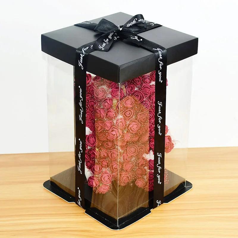 Clear Gift Box PVC Transparent Rose Flower Bear Gift Cake Package Box Wedding Birthday Christmas Present Dessert Decoration Case