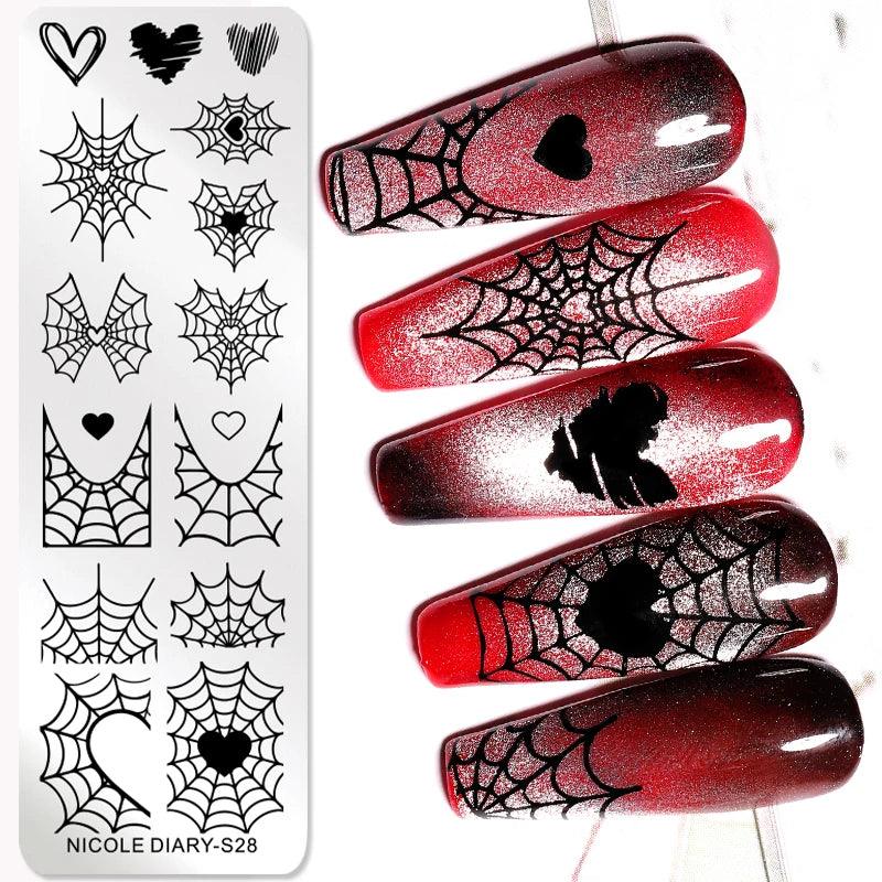 NICOLE DIARY Heart Spider Web Nail Stamping Plates Halloween Heart Line Printing Stencil Nail Arts Tool Nails Decorations Design