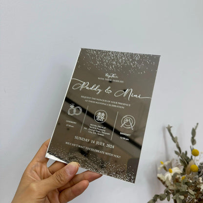 Mirror Acrylic Wedding Invitation, Gold/ Silver/ Rose Gold/ Brown Mirror, Custom Design Invites with Envelope, Noble and Elegant