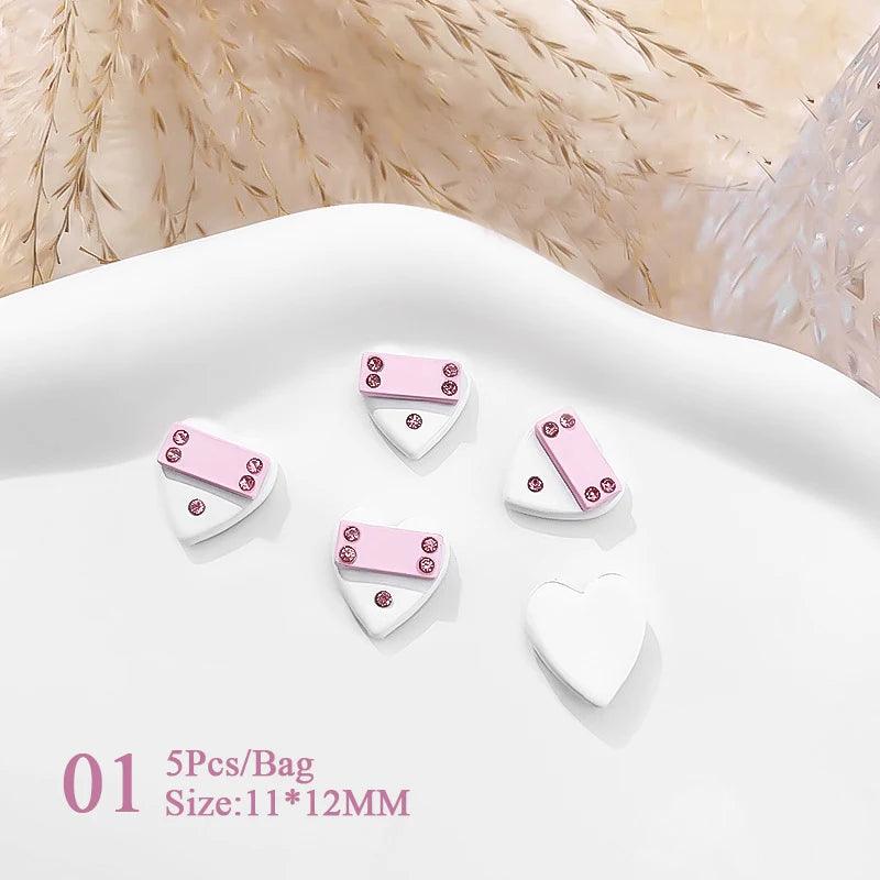 5pcs Pink Black Heart Star Flower 3D Nail Charms Y2K Style Inlaid Rhinestone Nail Jewelry Parts Nail Art Decoration