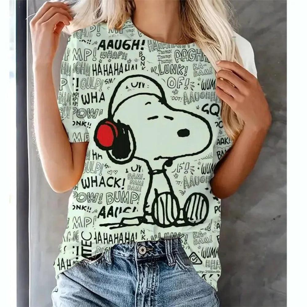 Snoopy print Women's T-Shirt Chinese Style New Pullover For Ladies O-neck Casual Short Sleeve 2024 Fashion Streetwear Tops