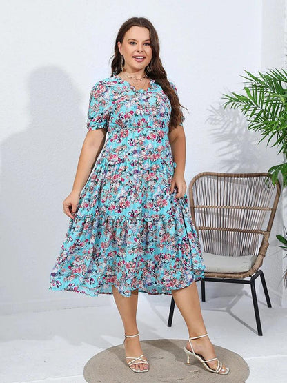 GIBSIE Plus Size Puff Sleeve Floral Print Chiffon Long Dress Women 2024 Summer Vacation Boho Beach Ruffle Hem A-Line Dresses