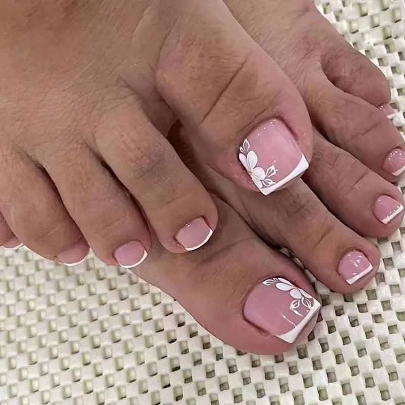 24Pcs False Toes Nails French Square Nude Color Nature Fake Toe Nails Feet Nail Tips Artificial Press On Toenails for Women 2024