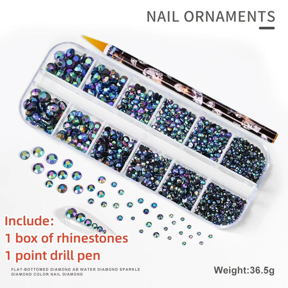 12Gird 3D Glass AB Crystal Nail Art Rhinestones Kit Flatback Round Bead Charm Gem Stones Jewelry Diamond with Tools for Nail Art