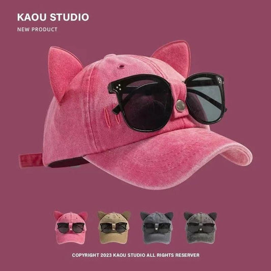 Water Washed Baseball Cap With Glasses For Women And Men Cat Ears Pilot Snapback Caps Gorras Outdoor Sunshade Sun Hats Unisex