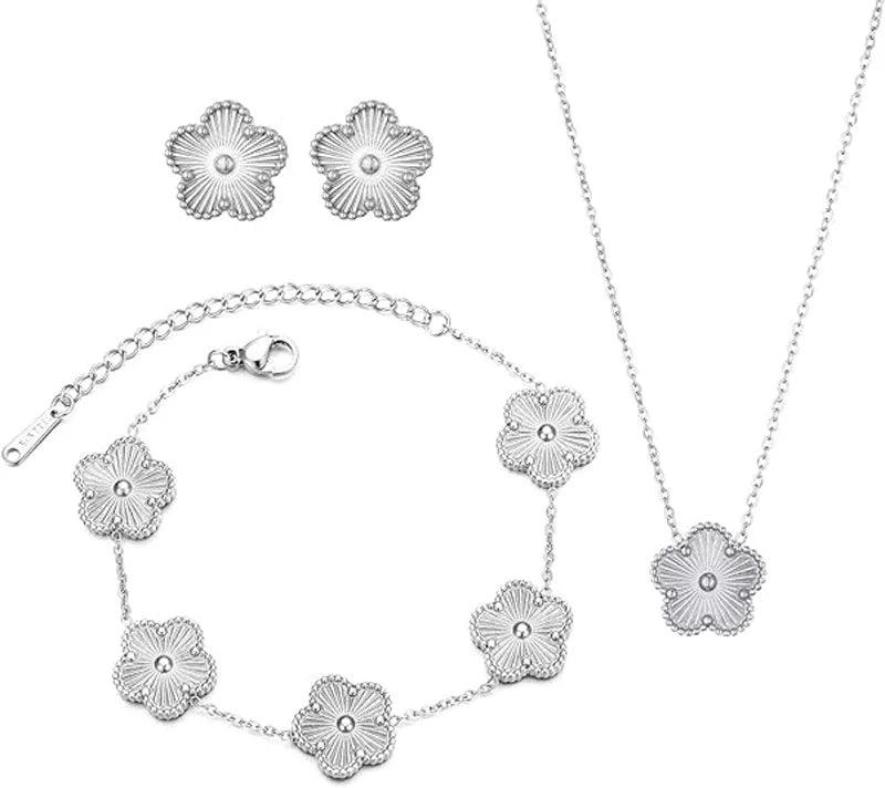 Silver Color Clover Jewelry Set for Women Stainless Steel Hypoallergenic Waterproof Flower Earrings Chain Necklace Bracelet New