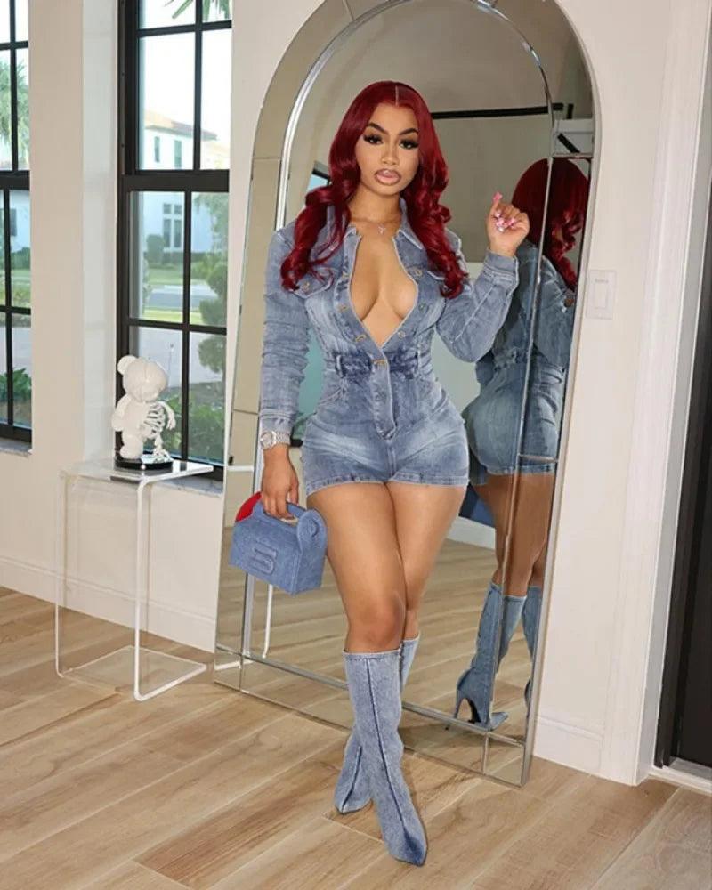 2024 Spring Women Denim Playsuits High Stretch Pockets Turn Down Collar Long Sleeve Single Breasted Shorts Rompers Jeans Overall