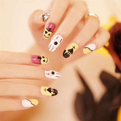 24pcs Artificial Acrylic Nail Art Fake Nails Full Coverage Removable Press on Nails Halloween Pumpkin Skull Moon False Nail Tip