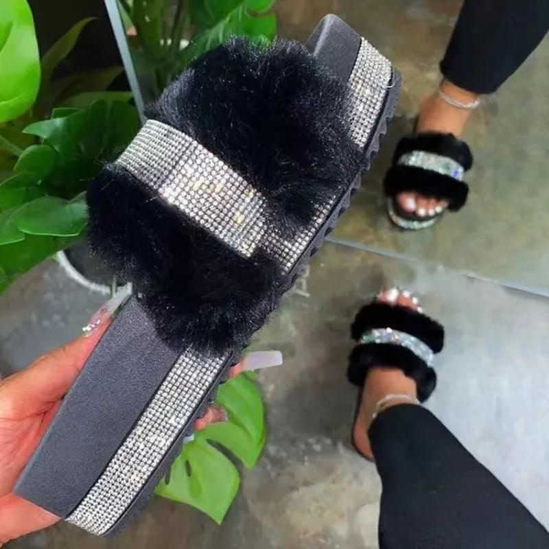 2024Summer Women Casual Slippers Luxury Rhinestone Suede Platform Flats Indoor Outdoor Comfortable FemaleSlippers Chanclas Mujer