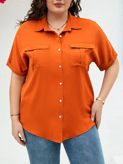 Plus Size Casual Blouse, Women's Plus Solid Roll Up Short Sleeve Turn Down Collar Button Up Shirt Top With Flap Pockets