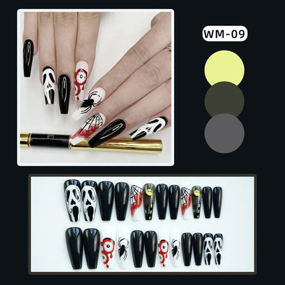 24pc/set Fashion Almond Press On Nails Art Halloween Black Ghost Design Fake Nail Pumpkin Castle Pattern Glossy False Nails Tips