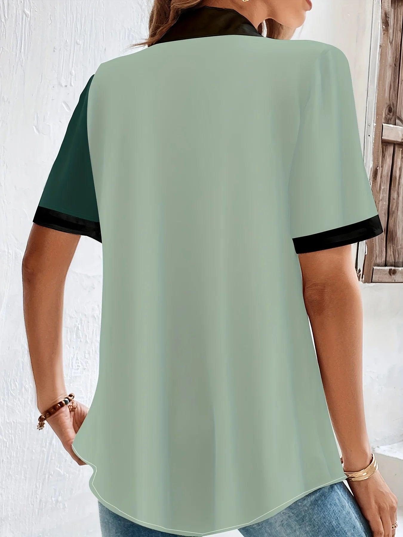 Plus Size Casual Blouse, Women's Plus Colorblock Button Up Short Sleeve Turn Down Collar Blouse