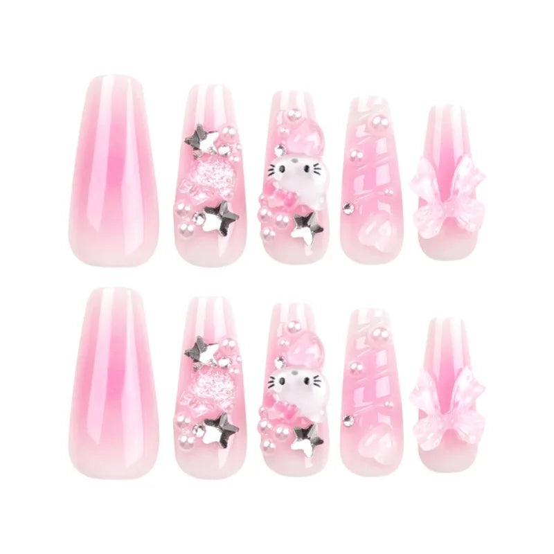 HelloKitty Press on False Nail Sanrio Accessories Y2k Kawaii Cartoon Design Fake Nails Long Detachable Manicure Girls Gift