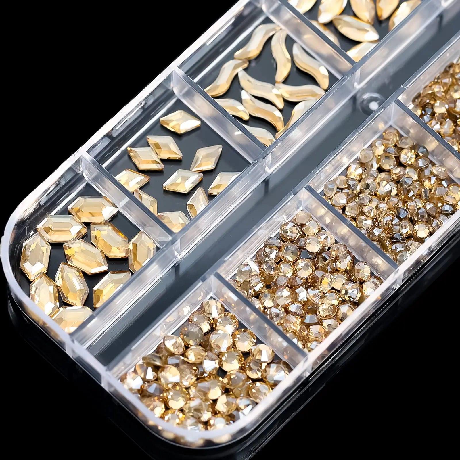 2025#Boxed Champagne Gold Nail Rhinestone 12 Grids Multi-Shaped Flat Back Gemstones 3D Flat-Back Gold Rhinestone Decoration &* - HighGloss Shop