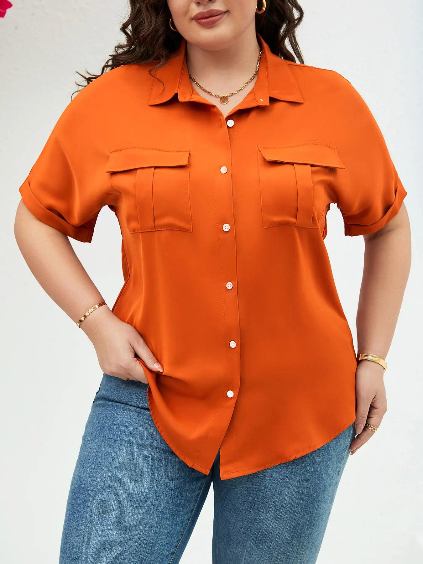 Plus Size Casual Blouse, Women's Plus Solid Roll Up Short Sleeve Turn Down Collar Button Up Shirt Top With Flap Pockets