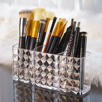 1Pcs Clear Acrylic Triple Grid Makeup Brush Holder Desk Cosmetic Organiser Lipstick Storage Box Bathroom Display Stand Diamond