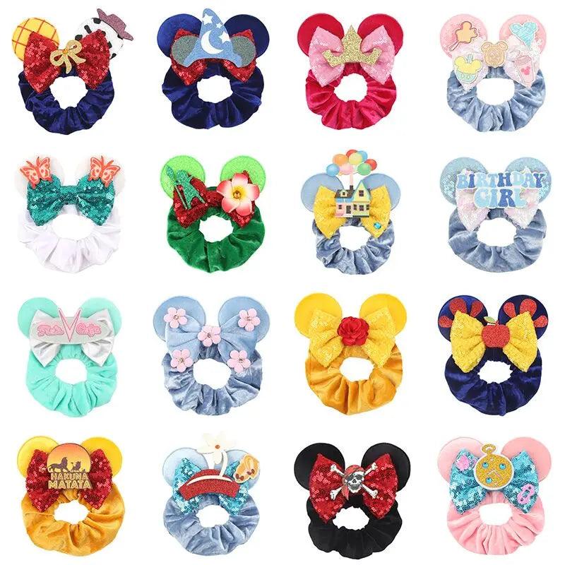 New Chic Disney Mickey Mouse Ears Hair Scrunchies Sequins 4"Bows Elastic Headband Women Velvet Girls DIY Hair Accessories Gift