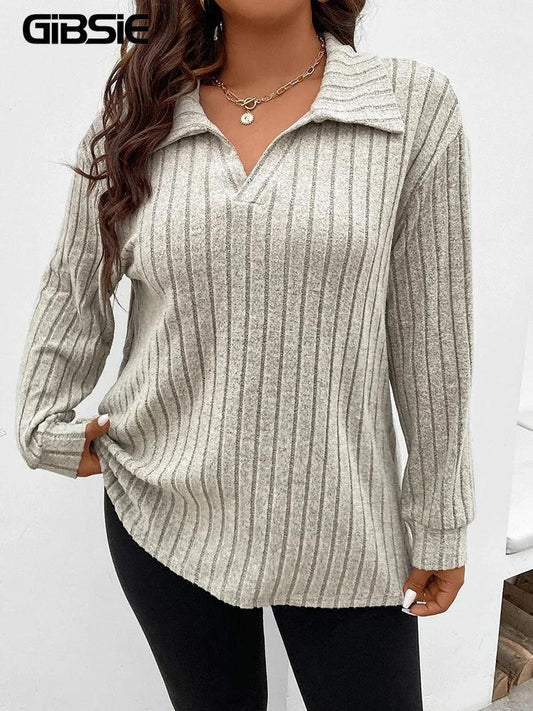 GIBSIE Plus Size Tshirt for Women Spring Fall Polo Collar Long Sleeve T-Shirt Female Casual Ribbed Knit Solid Tee Tops 2023