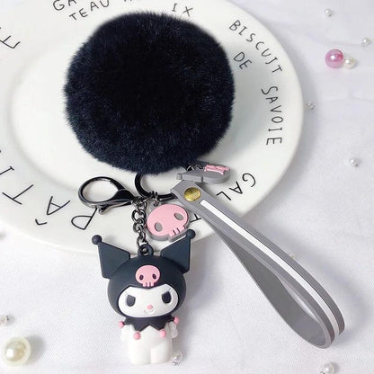 Hello Kitty Sanrio Kuromi Penguin Frog Dog Cat Cute Keychains with Fluffy Rabbit Fur Ball Women Girl Bag Pendant Keyring Gifts