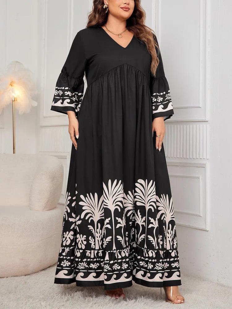 GIBSIE Plus Size Black 3/4 Flare Sleeve Loose Dress Women Spring Fall V-neck Printing Loose Casual Swing A-line Long Dress 2024