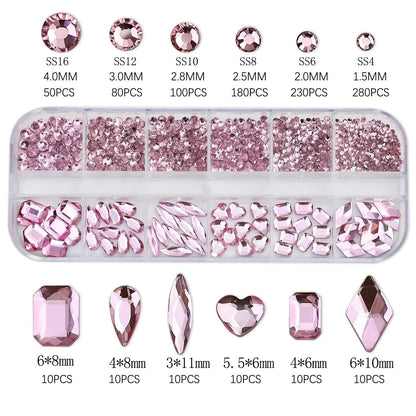 12Grids Pink Mixed Nail Rhinestones Luxury Nail Charms Glitter Crystal Jewelry Gems Nail Art Decoration Manicure Rhinestones R#Q