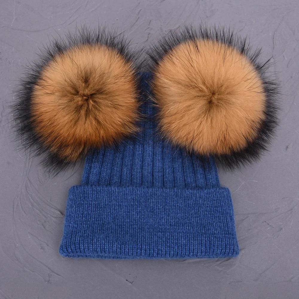 Double Real Raccoon Fur Pompom Hat Women Winter Caps Knitted Wool Hats Skullies Beanies Girls Female Two Fur Pom Pom Beanie Hat